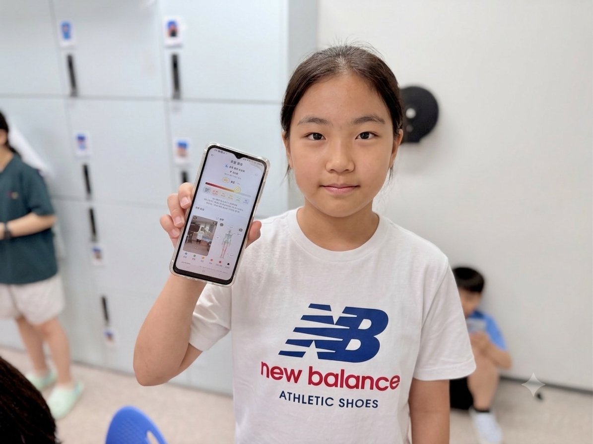 학생이 AI 체형 스캔 앱 결과를 확인하는 모습
