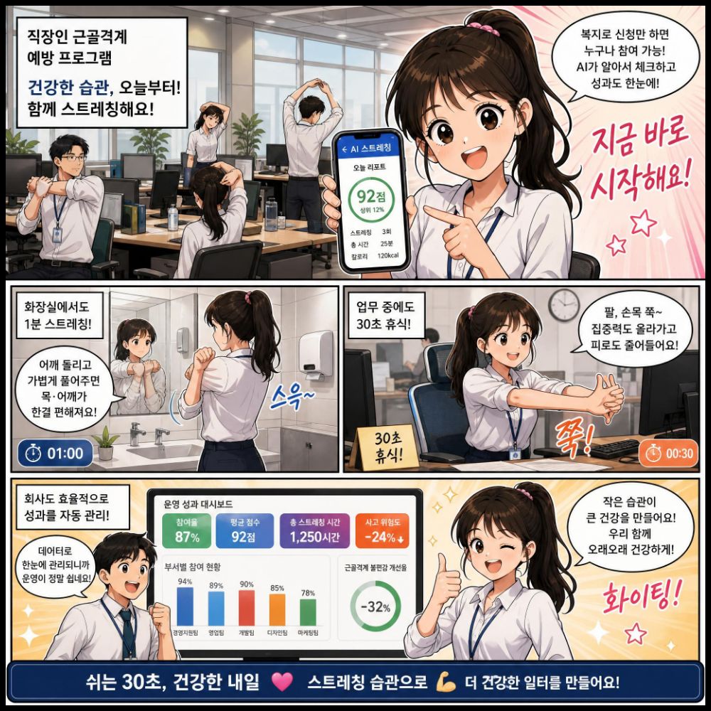 직장인 근골격계 예방 프로그램을 사용하는 과정을 보여주는 웹툰
